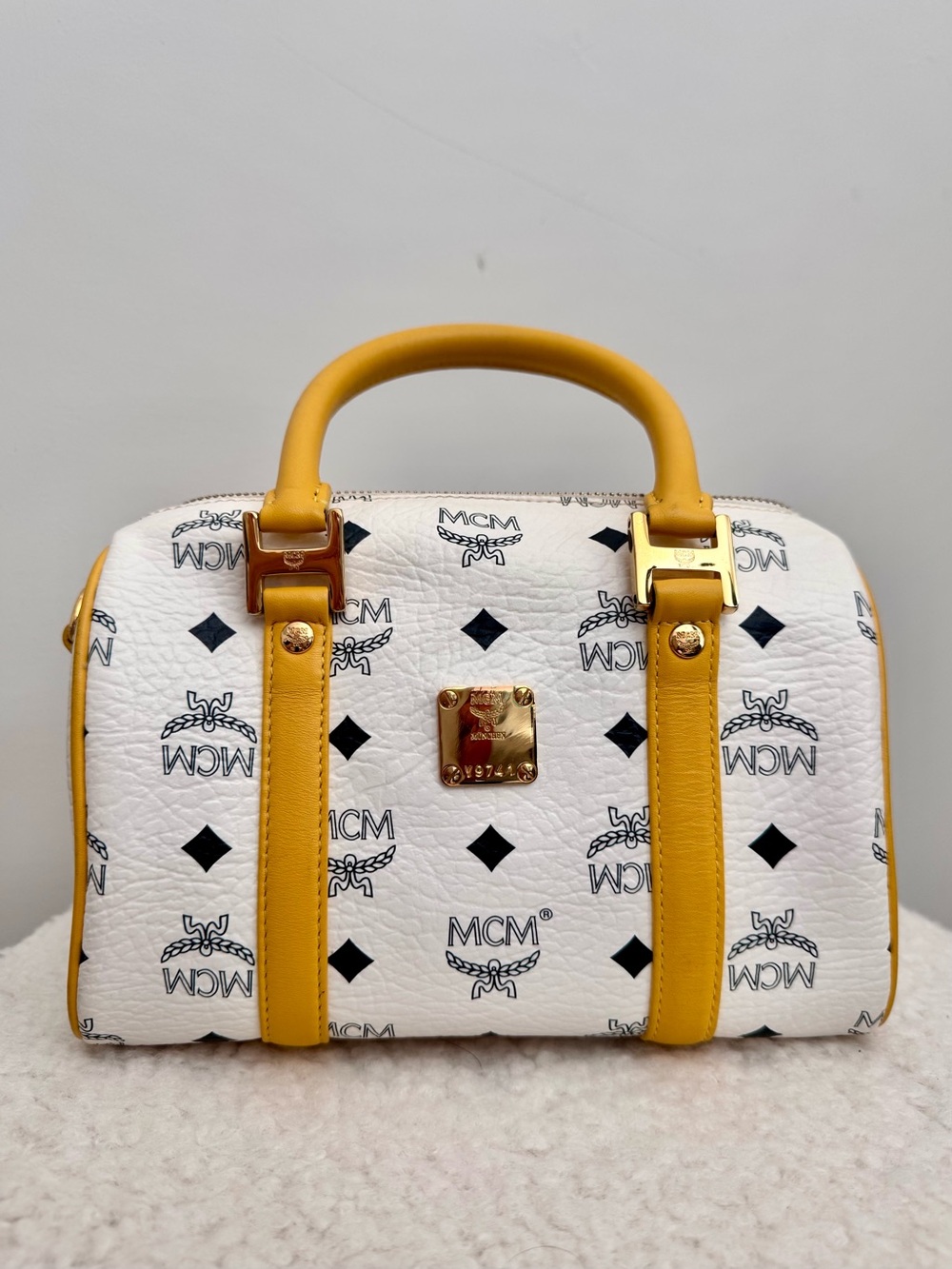 MCM White & Yellow Visetos Bowler Satchel
